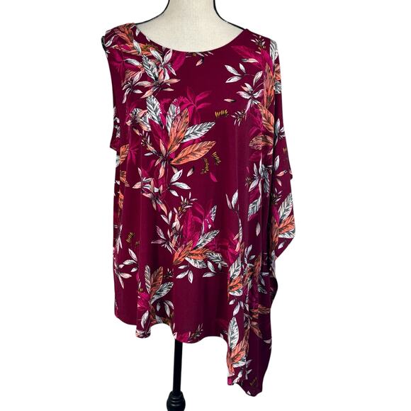 Worthington X-Large Top Leaf Print Stretch Boat Neck Sleeveless Batwing Multi - Picture 1 of 8